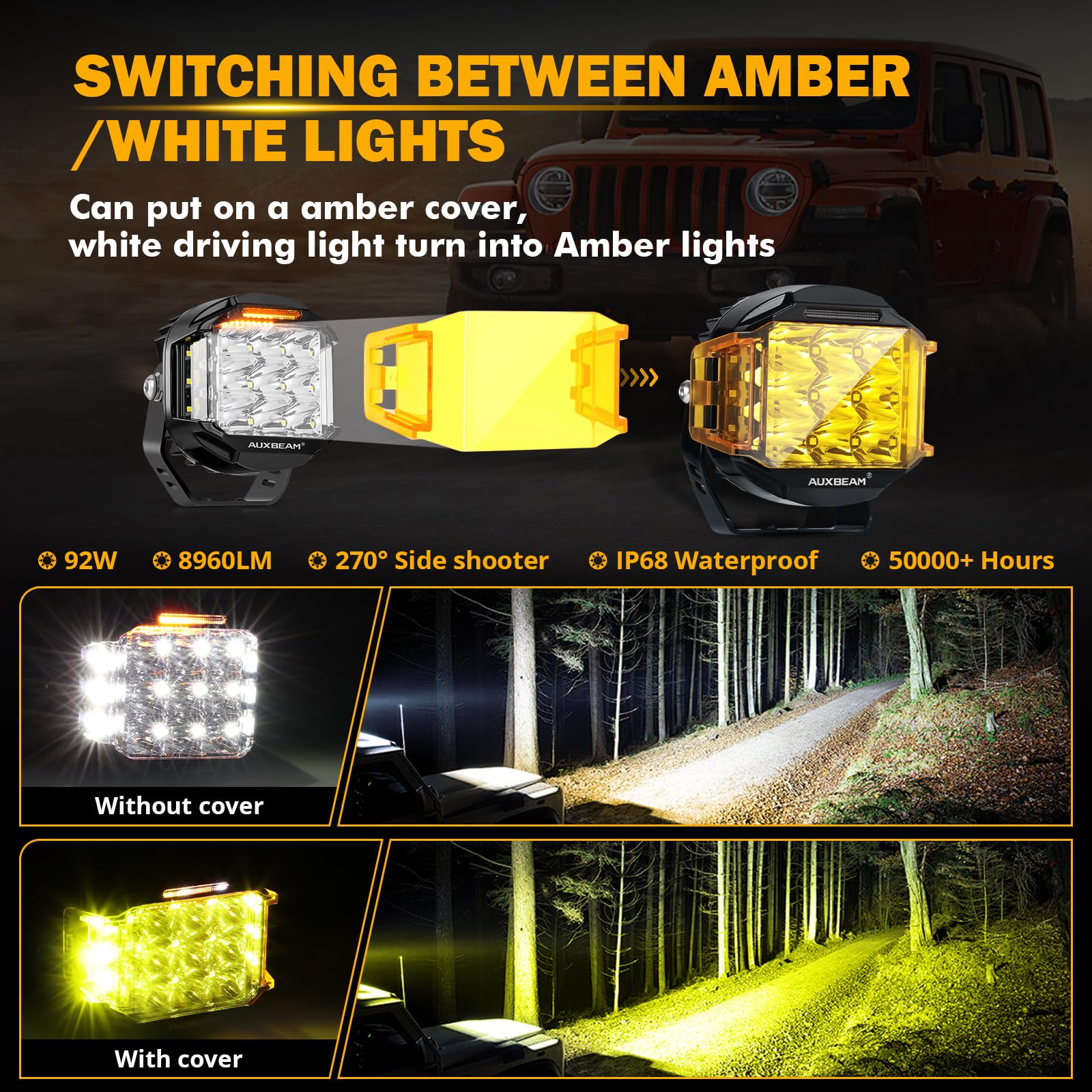 Auxbeam IP68 waterproof housing protects against rain, dust, and mud.