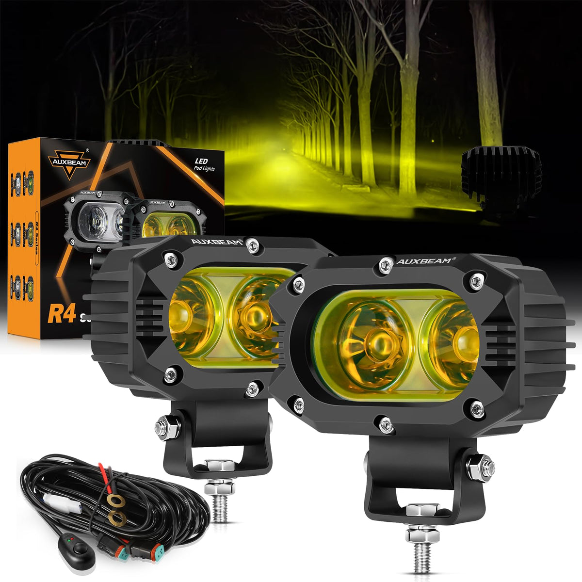 Auxbeam LED amber fog light 4-inch with bright flood beam for off-road visibility