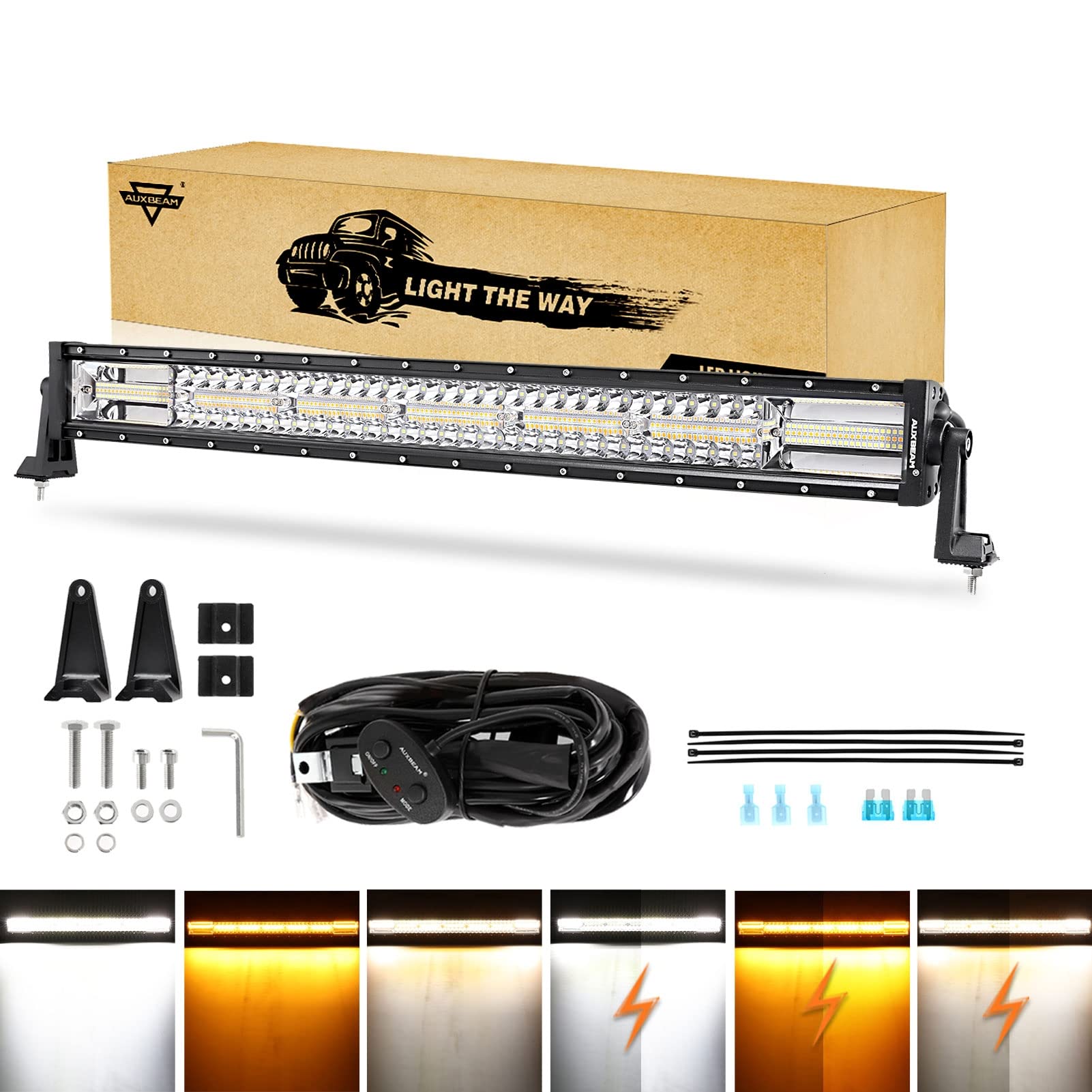 Auxbeam LED light bar 30 inch 18000 lumen output aids night navigation safely.