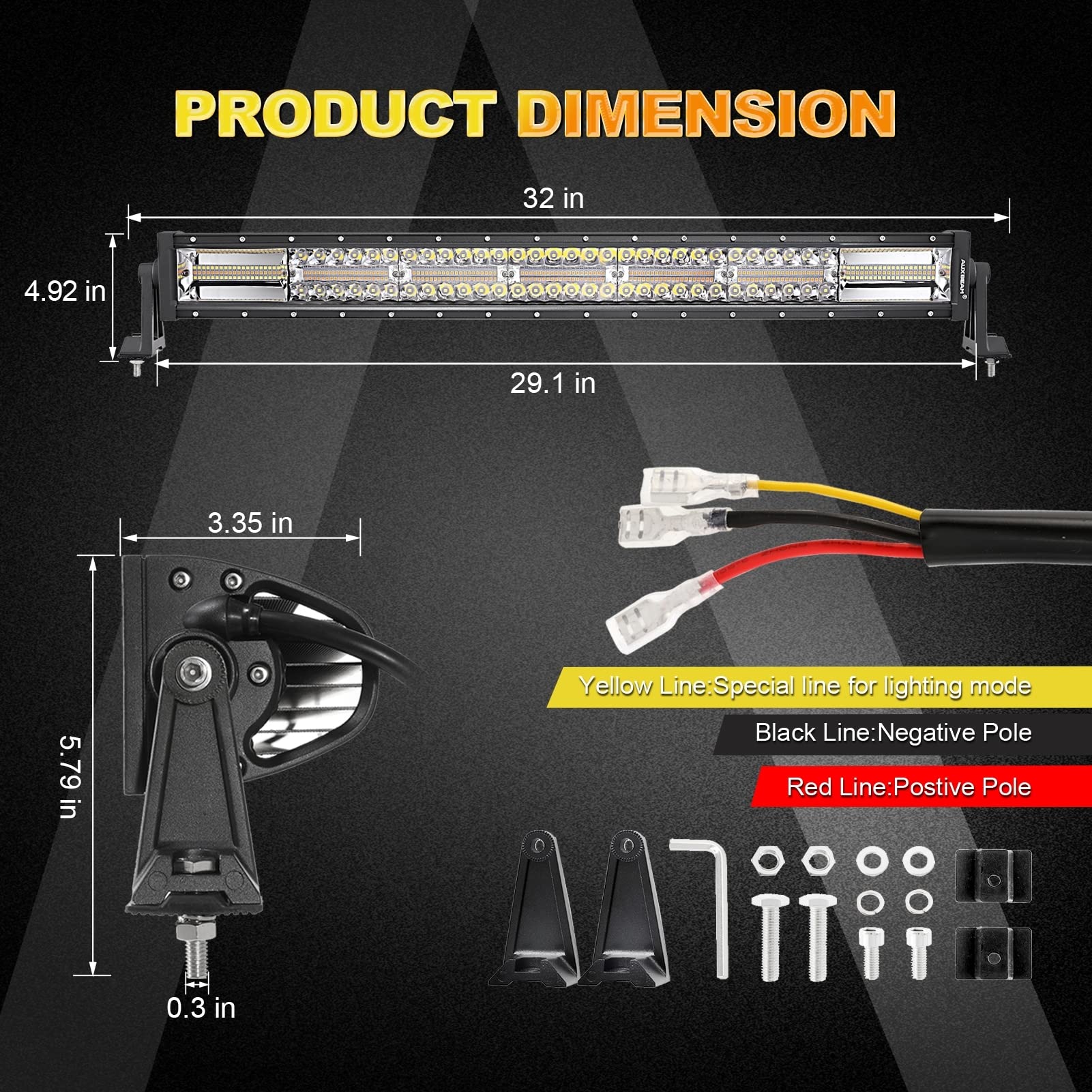 Auxbeam LED light bar 30 inch amber beams cut through fog and dust.