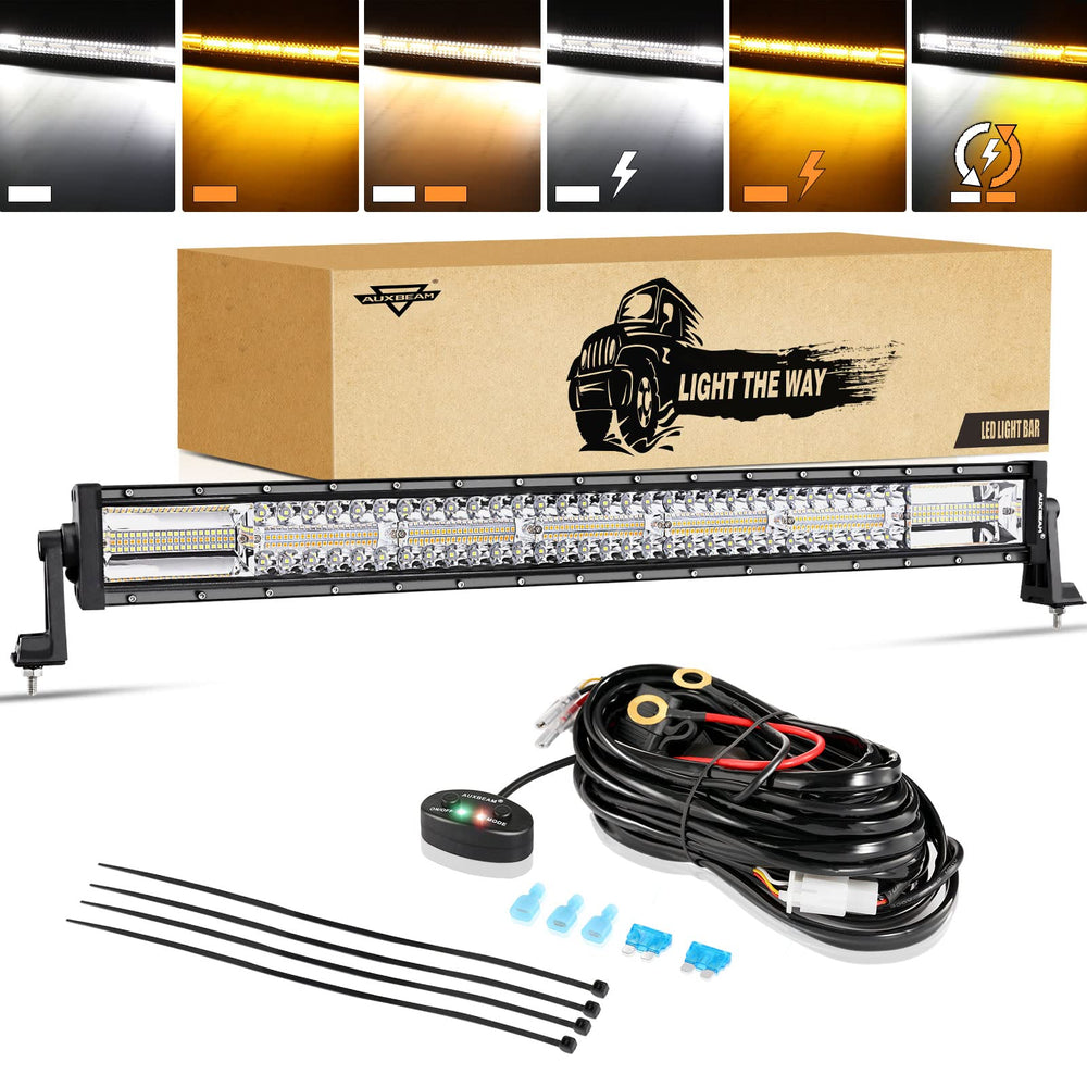 Auxbeam LED light bar 30 inch front view highlights dual color options for enhanced visibility.
