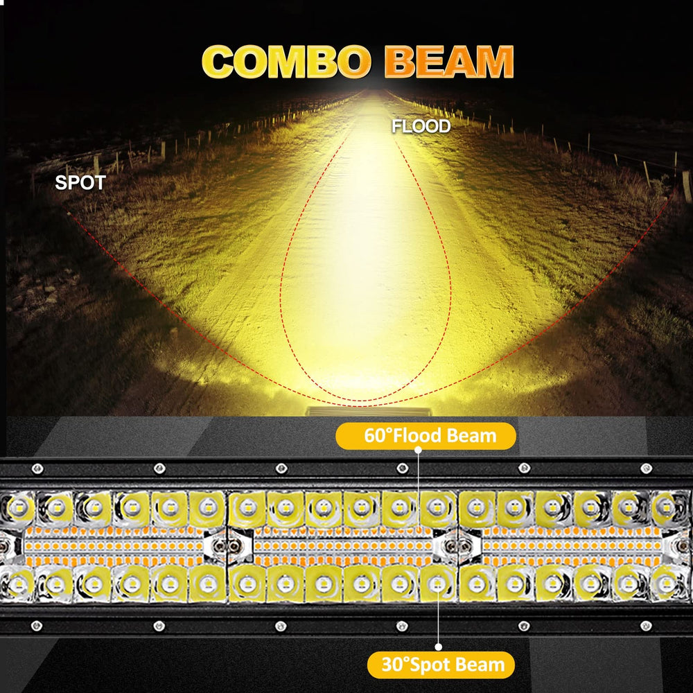 Auxbeam LED light bar 30 inch white beams provide wide flood and spot coverage.