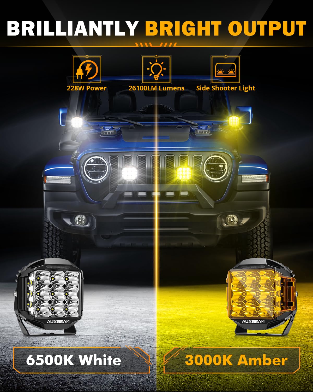 Auxbeam IP68-rated pod light withstands water, dust, and shocks outdoors.