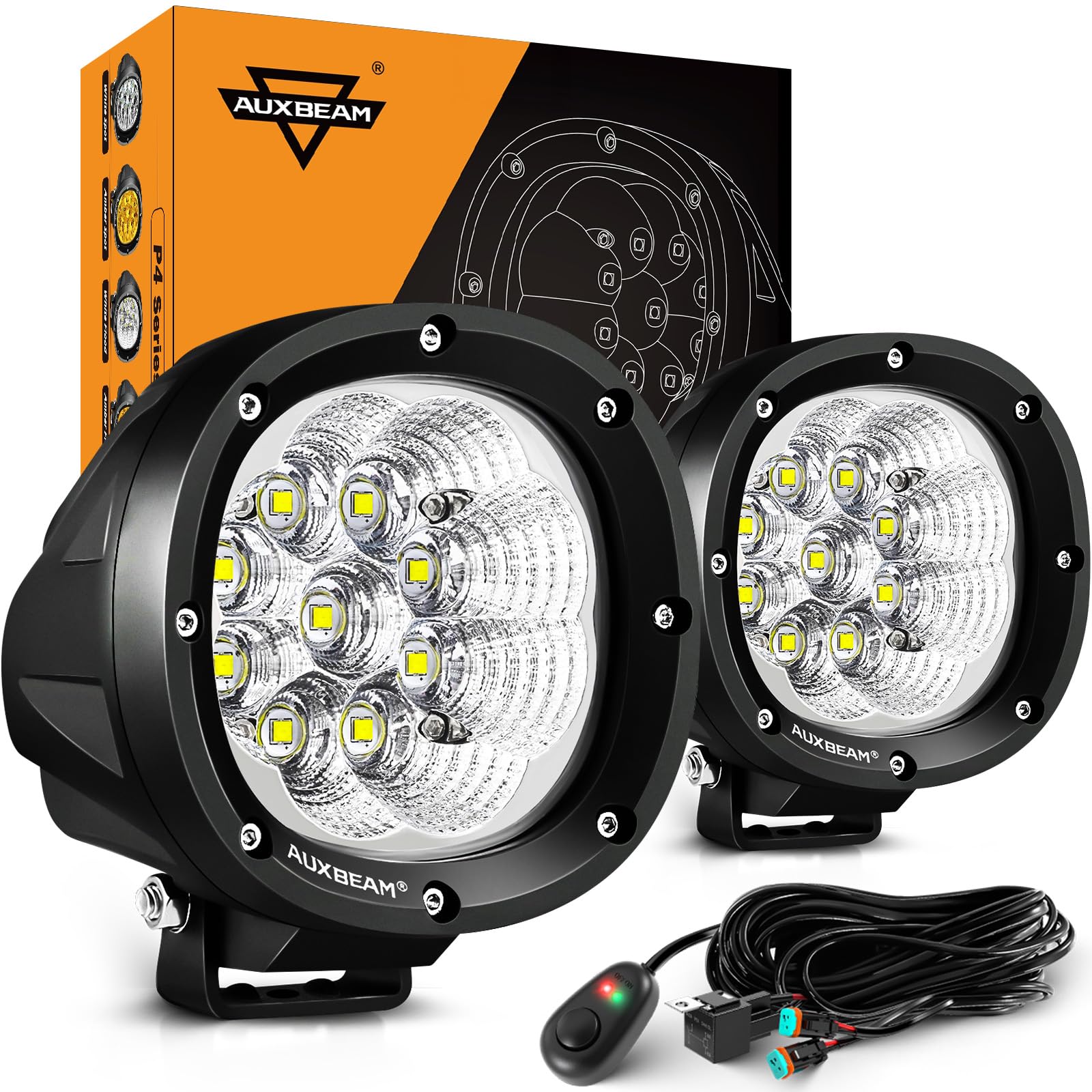 Auxbeam P4 series flood light pod front view with wide 60° beam for night visibility