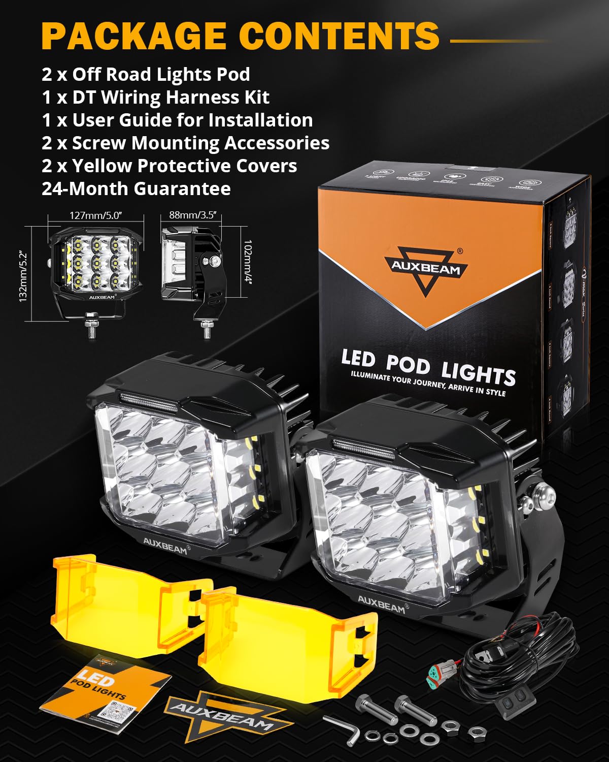 Box contents: two pods, covers, harnesses, wiring kit, screws, manual, and warranty.