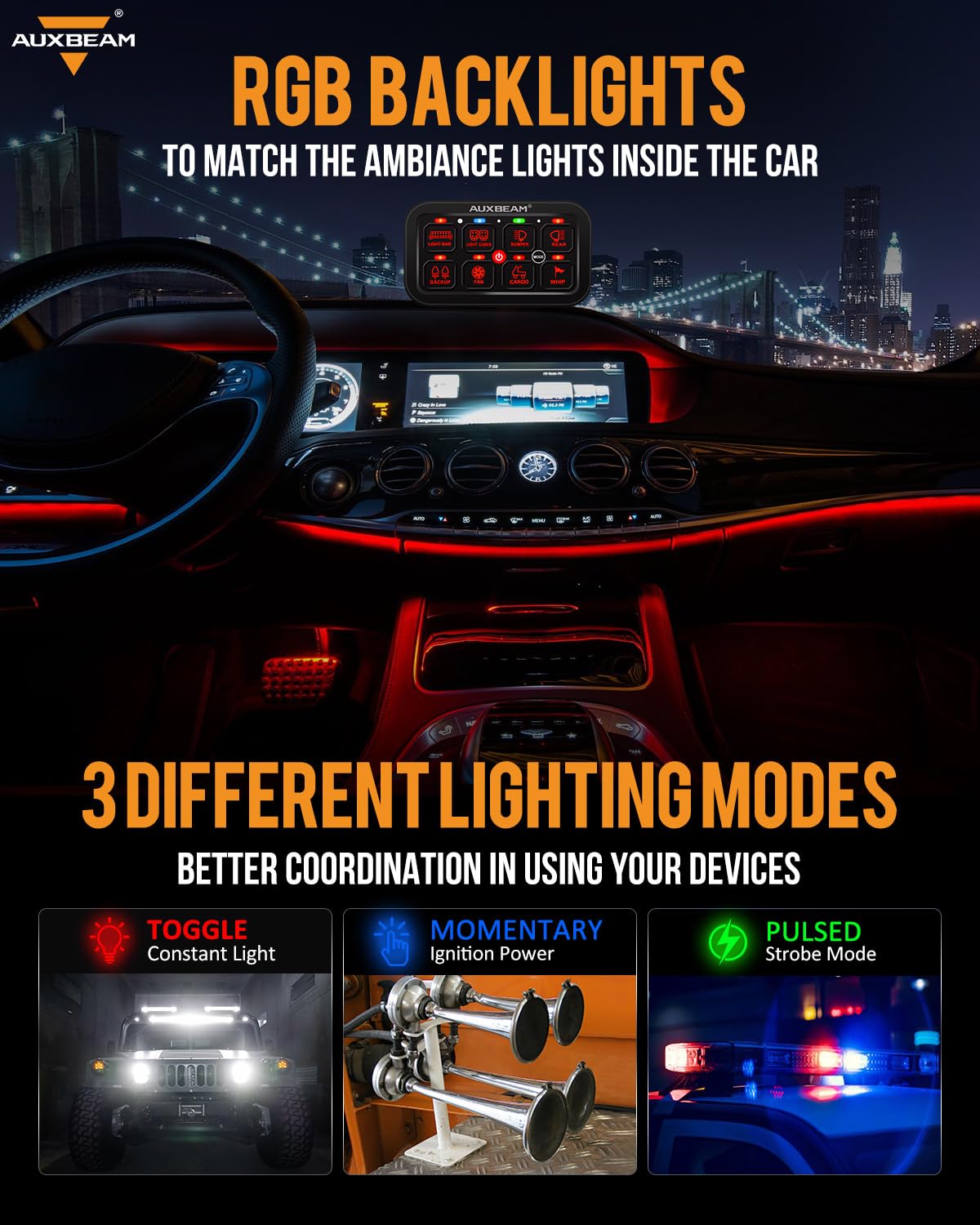 Auxbeam RA80 8-gang panel in momentary and pulsed modes for accessories