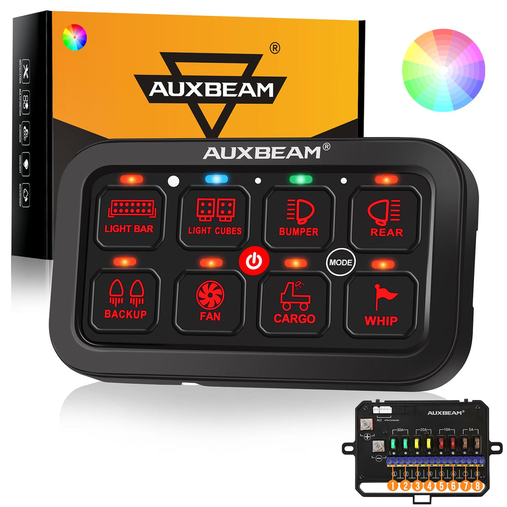 Auxbeam RA80 8-gang switch panel front view with readable backlight