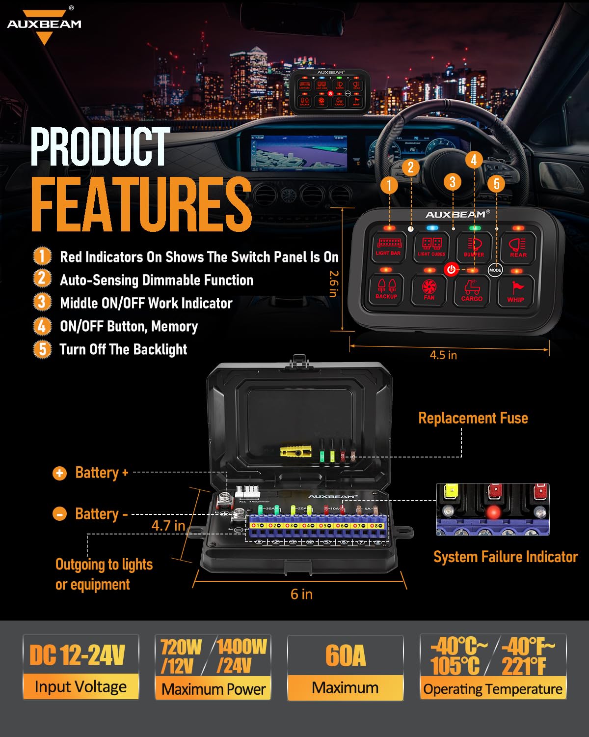 Auxbeam RA80 illuminated toggle switches showing RGB backlight