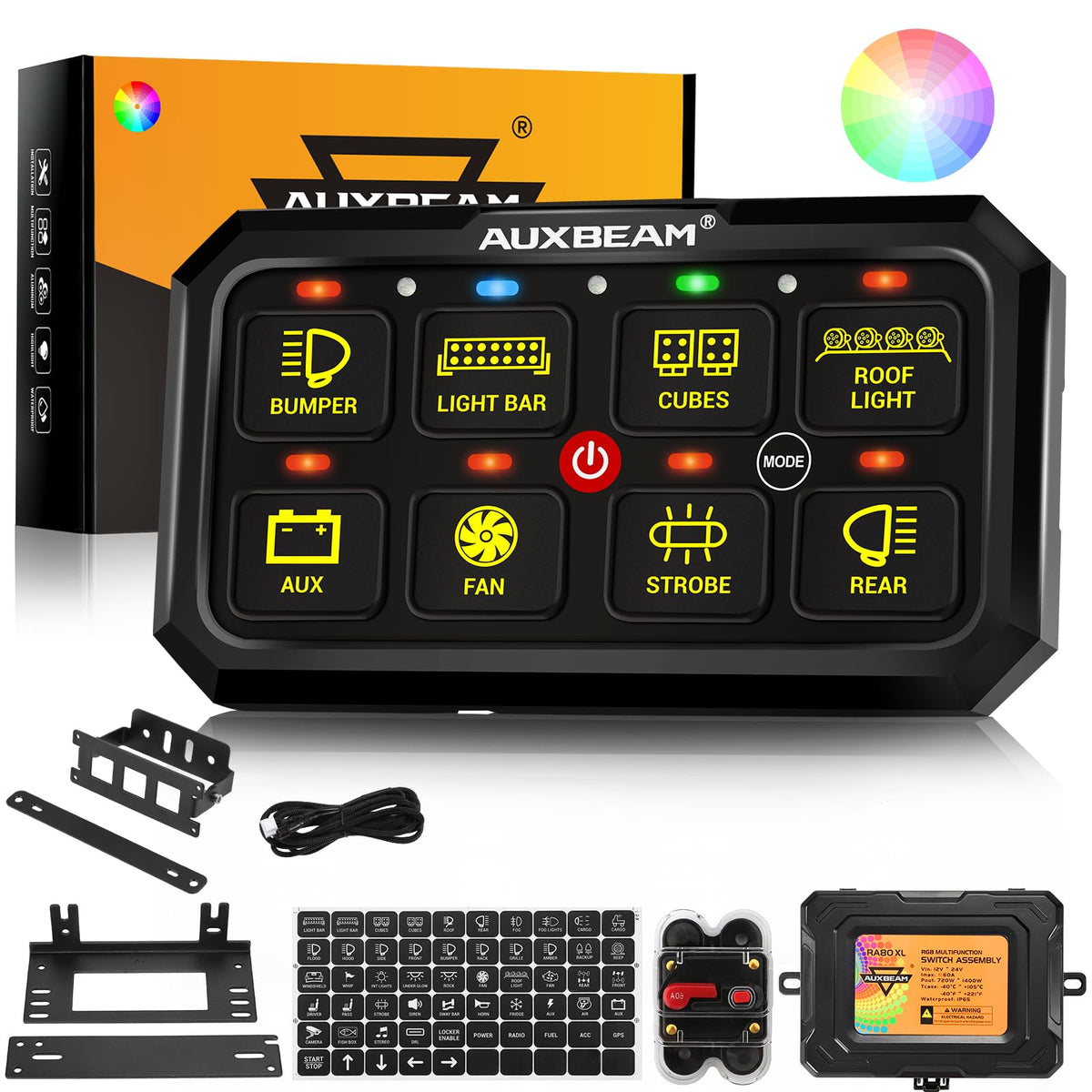Auxbeam RA80 XL 8-Gang Panel front view with RGB backlight for versatile control.