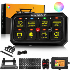 Auxbeam RA80 XL 8-Gang Panel front view with RGB backlight for versatile control.