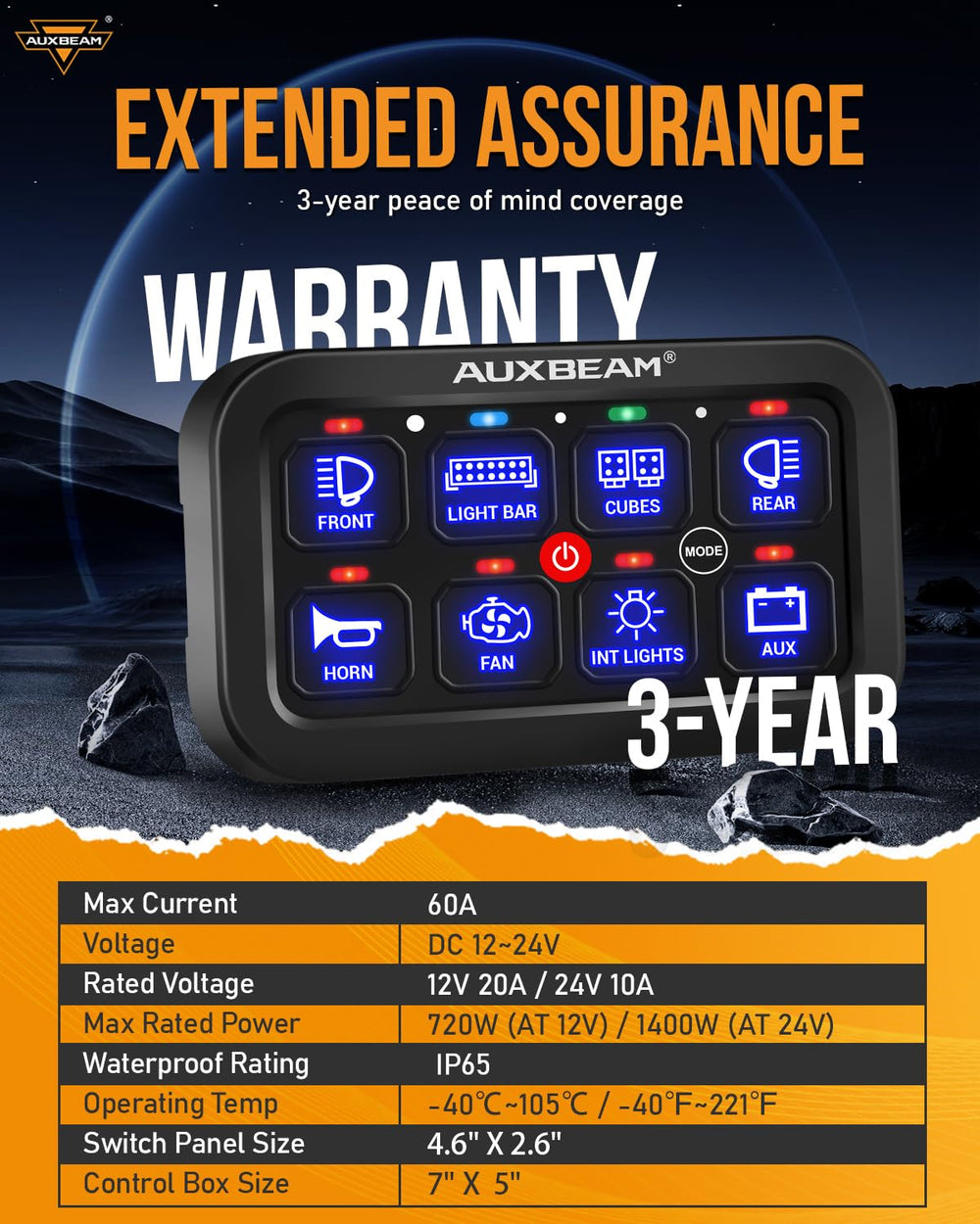 Auxbeam RB80 12-24V compatibility suits cars, trucks, boats, SUVs, and RVs.