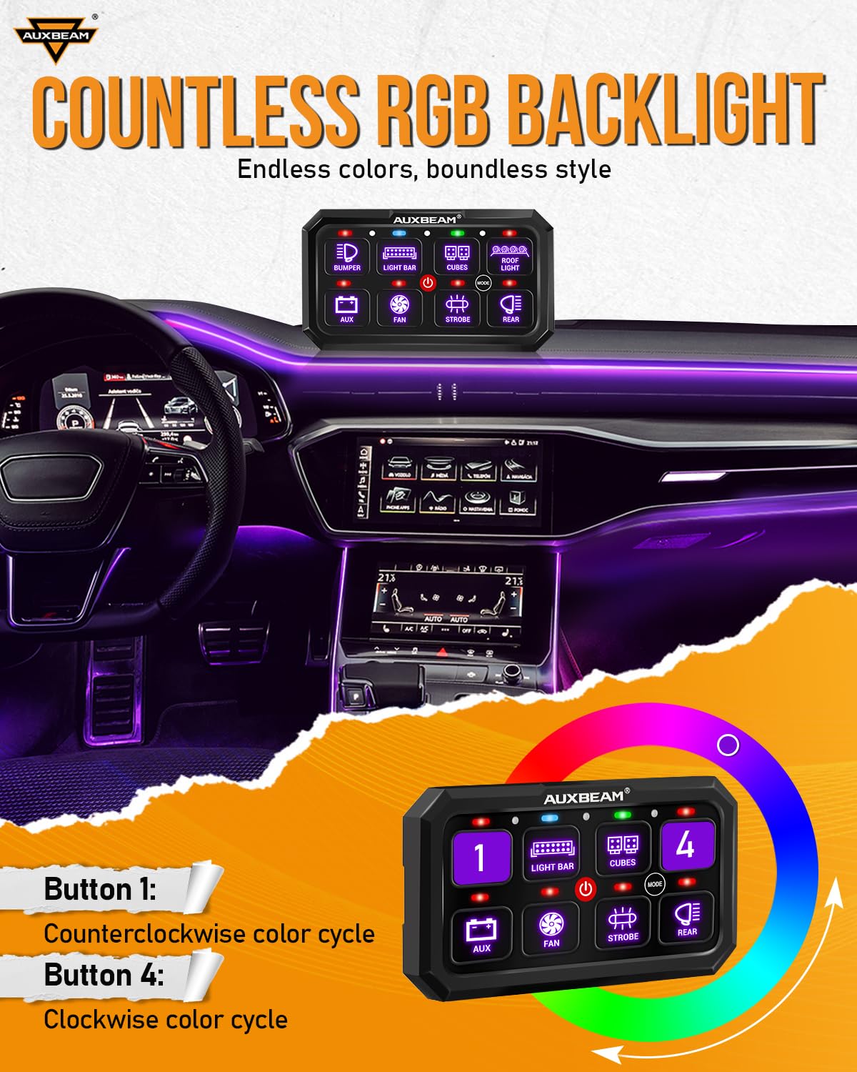 Auxbeam RB80 XL mounting brackets ready for dash or console placement
