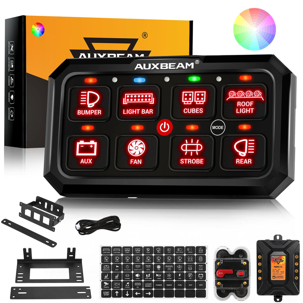 Auxbeam RB80 XL switch panel front view with 8-gang layout for quick access