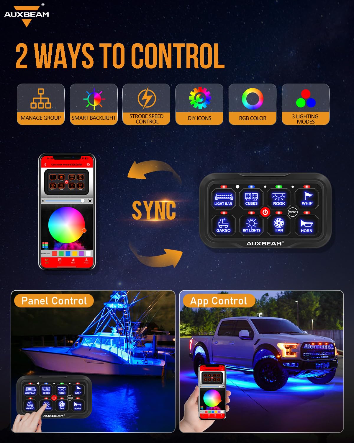 Auxbeam RGB app control enables custom lighting scenes for rides
