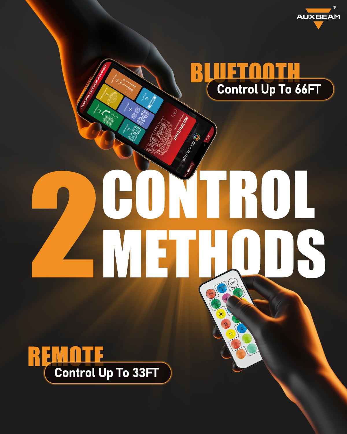Auxbeam RGB app and RF remote control offer dynamic color changes.