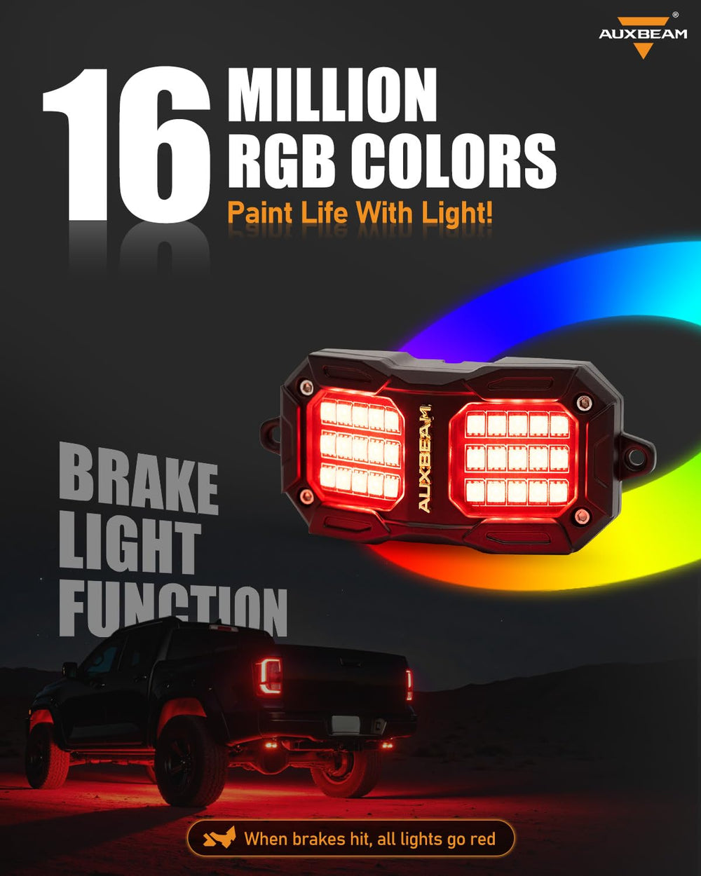 Auxbeam rock light brake mode enhances rear visibility during braking.