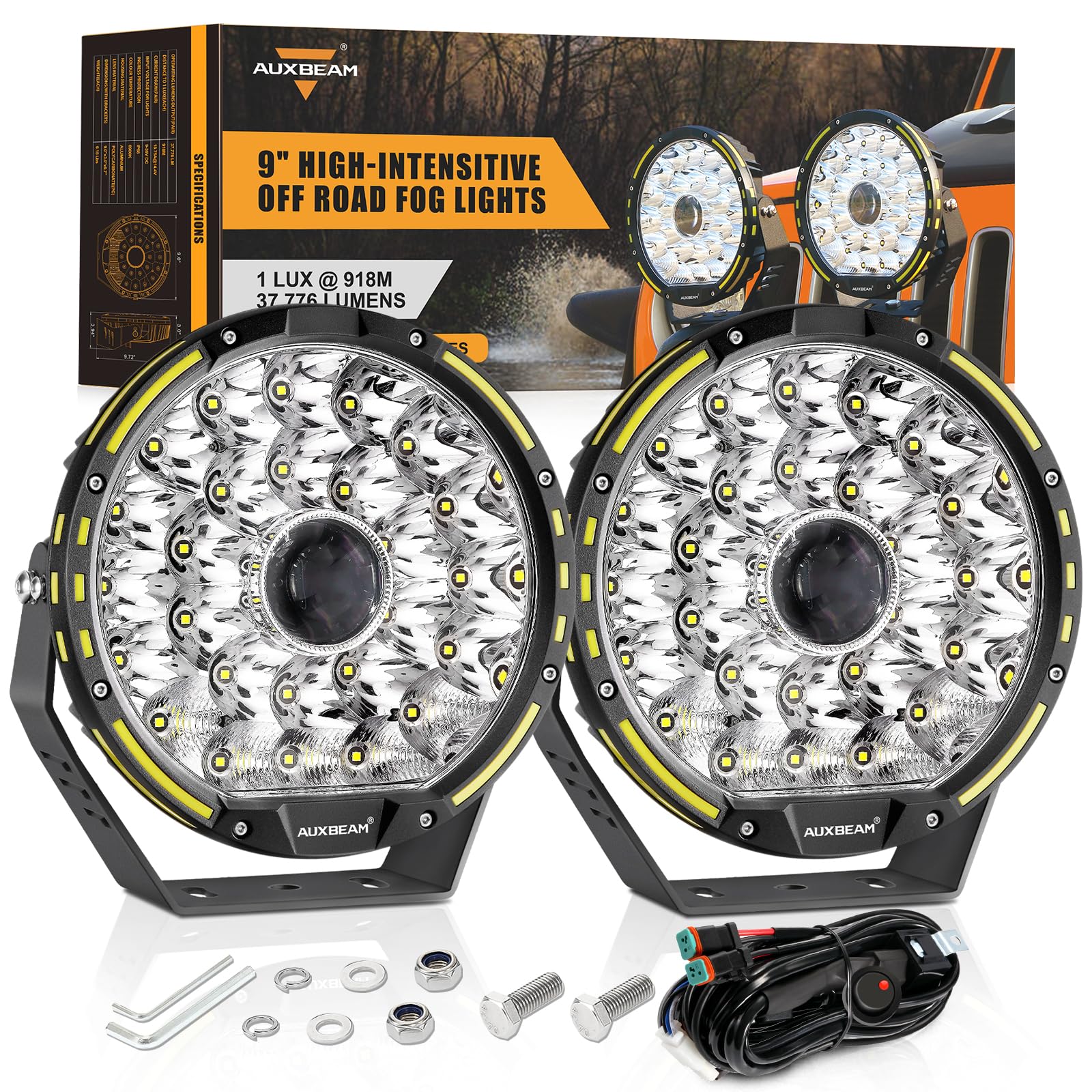 Auxbeam 360-PRO 9-inch round LED driving light, front view showing compact, powerful profile