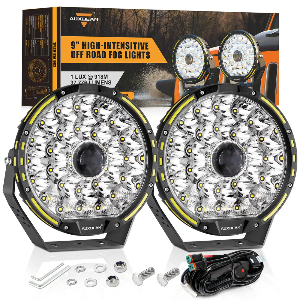 Auxbeam 360-PRO 9-inch round LED driving light, front view showing compact, powerful profile