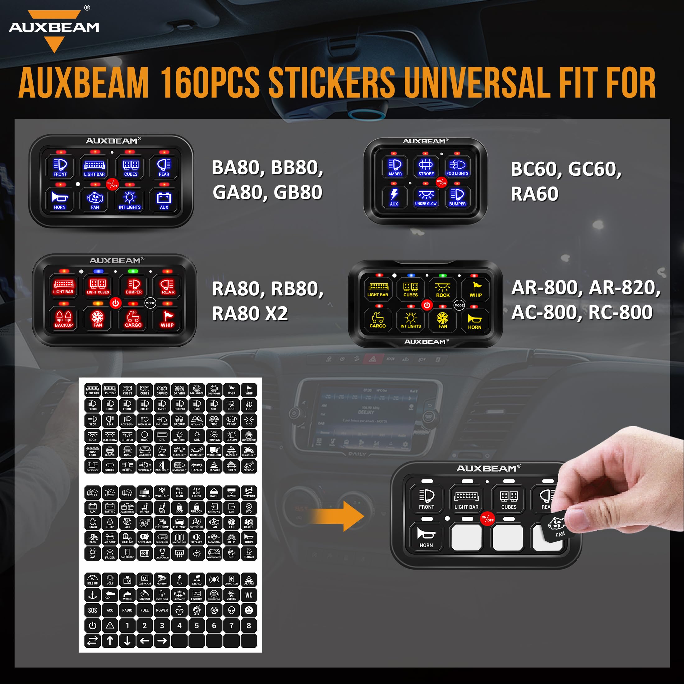 Auxbeam switch labels close-up with clear text for quick identification.