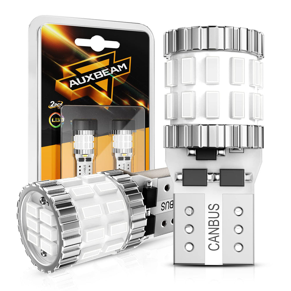Auxbeam upgraded 194 LED bulbs in red for clear license plate illumination.