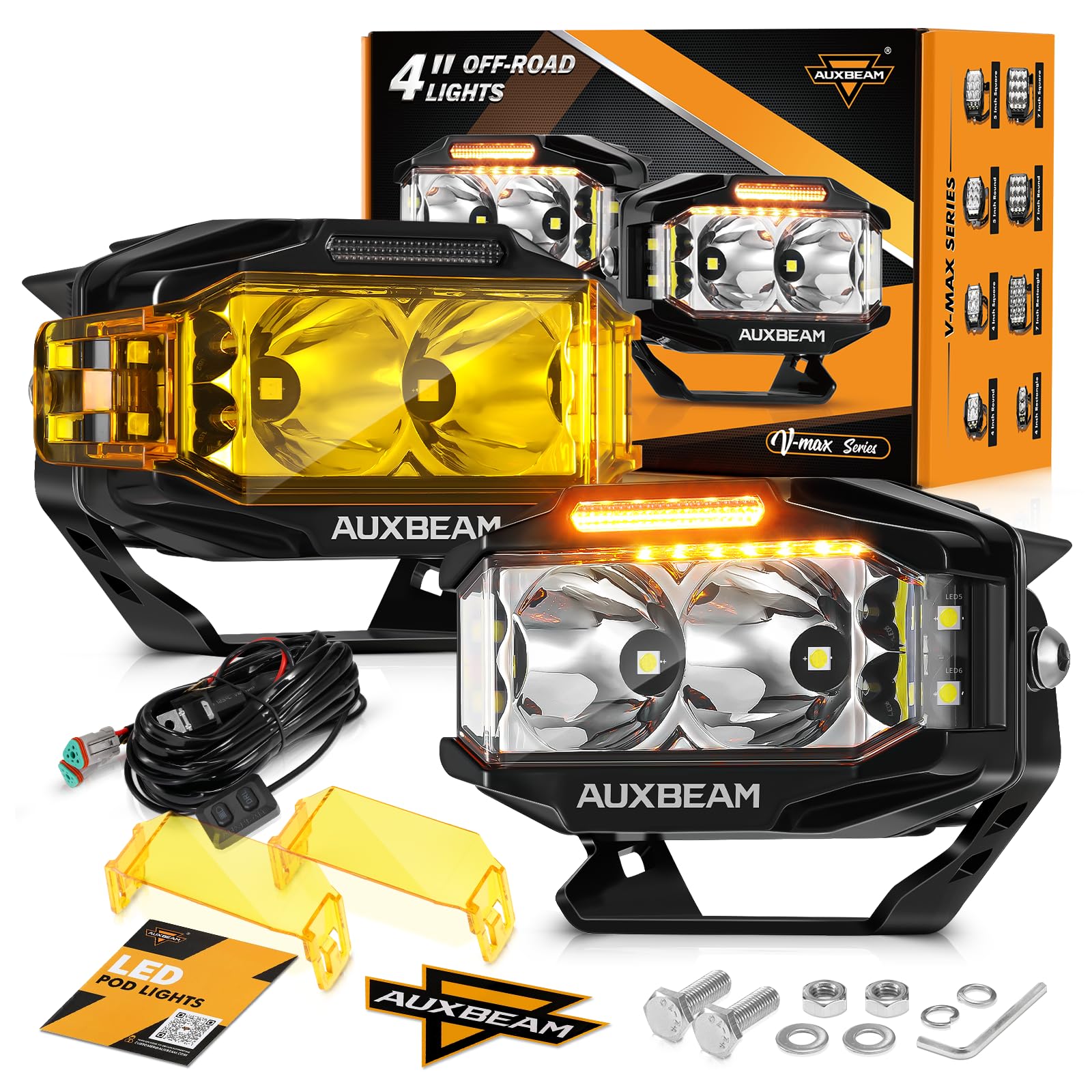Auxbeam V-MAX 4-inch LED pod light, front view, improves night visibility.