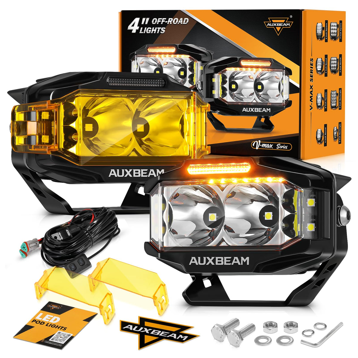 Auxbeam V-MAX 4-inch LED pod light, front view, improves night visibility.