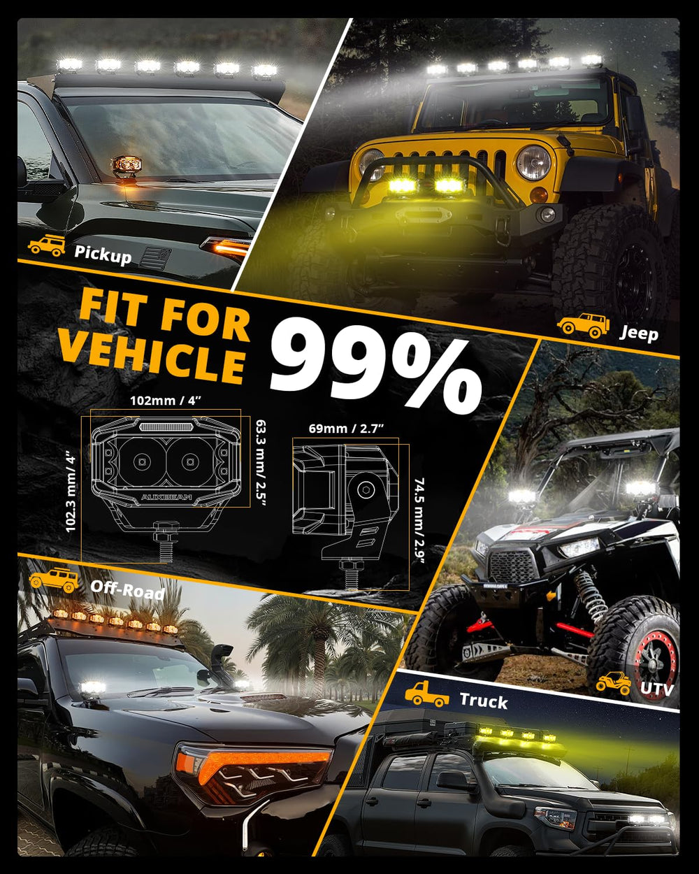 Auxbeam V-MAX 4in pod light, side shot, widens viewing angle for off-road.