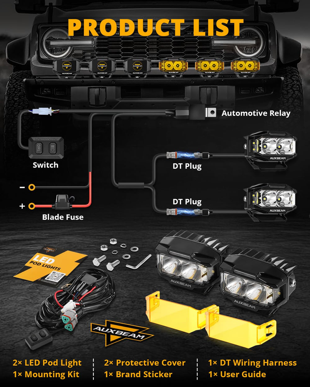 Two V-MAX lights with amber covers, wiring harness, and warranty included.