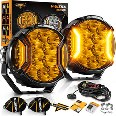 Auxbeam V-Ultra 5-inch LED round pod, front view, bright forward illumination for off-road nights.