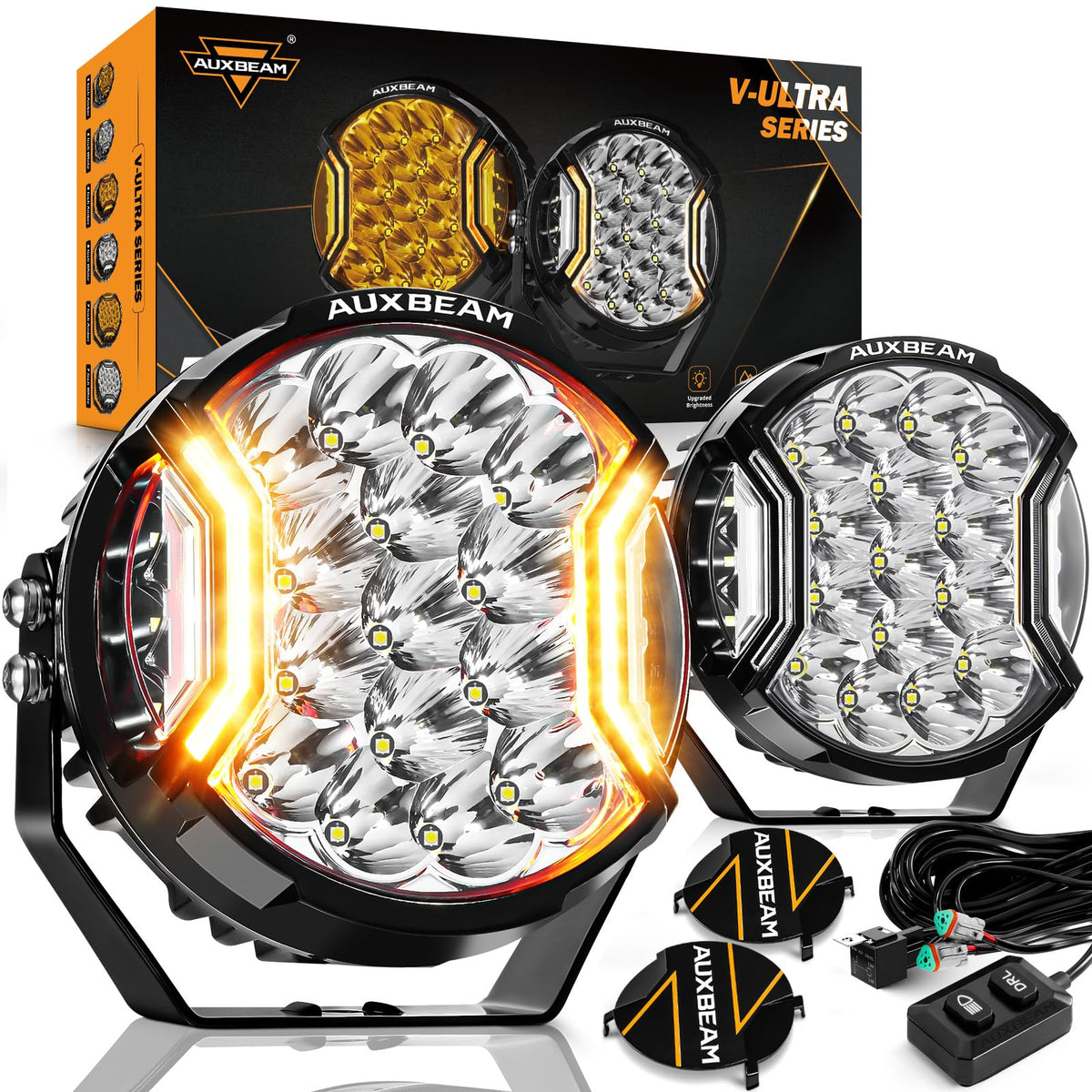 Auxbeam V-Ultra 7-inch round off-road light front view for night visibility.