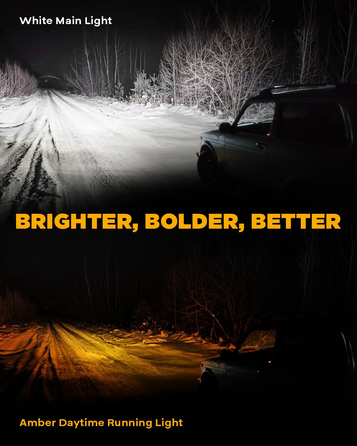 Auxbeam V-Ultra amber DRL illuminated for daytime visibility.