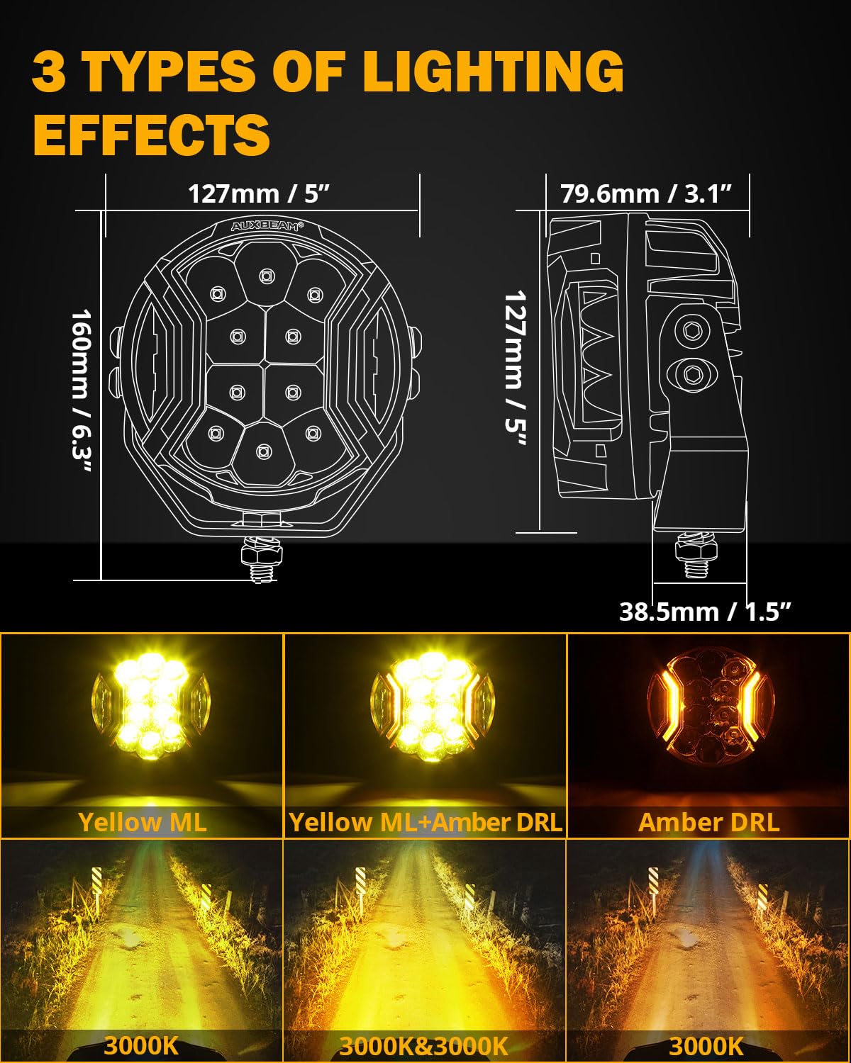 Auxbeam V-Ultra amber DRL mode provides daytime visibility with amber cue.