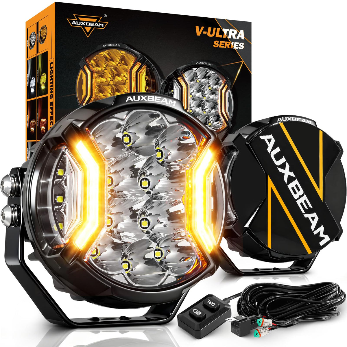 Auxbeam V-Ultra amber DRL shown on side shooter for daylight visibility.