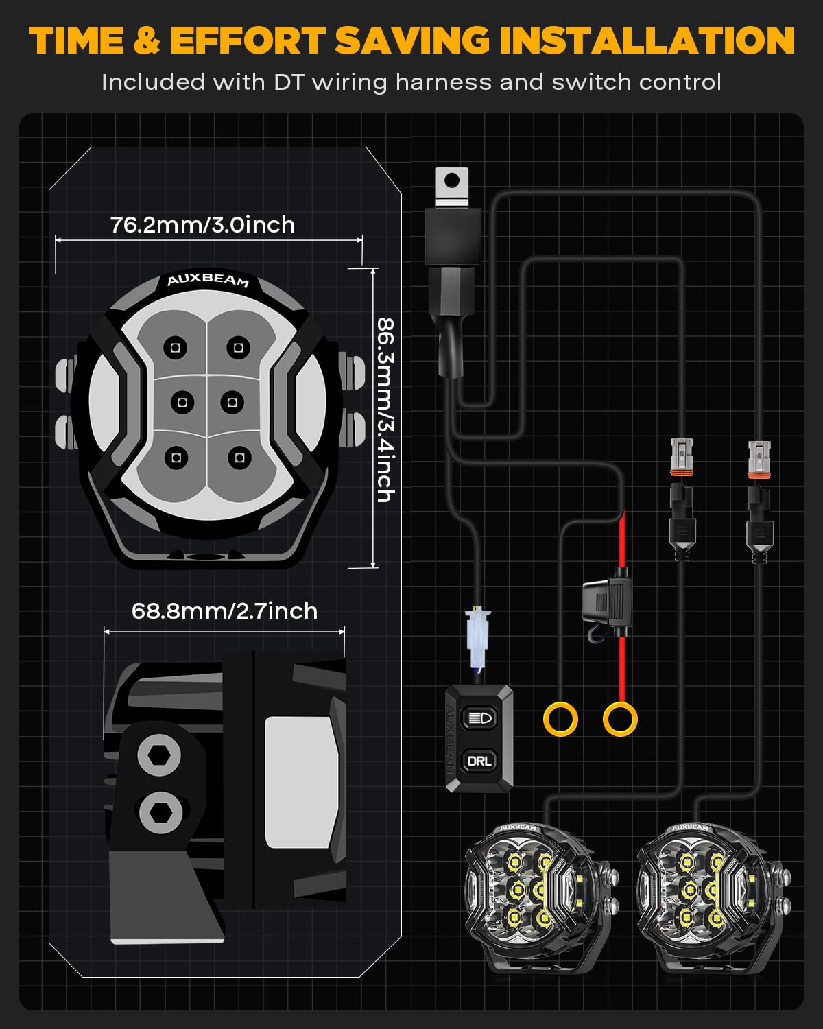 Auxbeam V-Ultra wiring harness with mounting kit simplifies installation