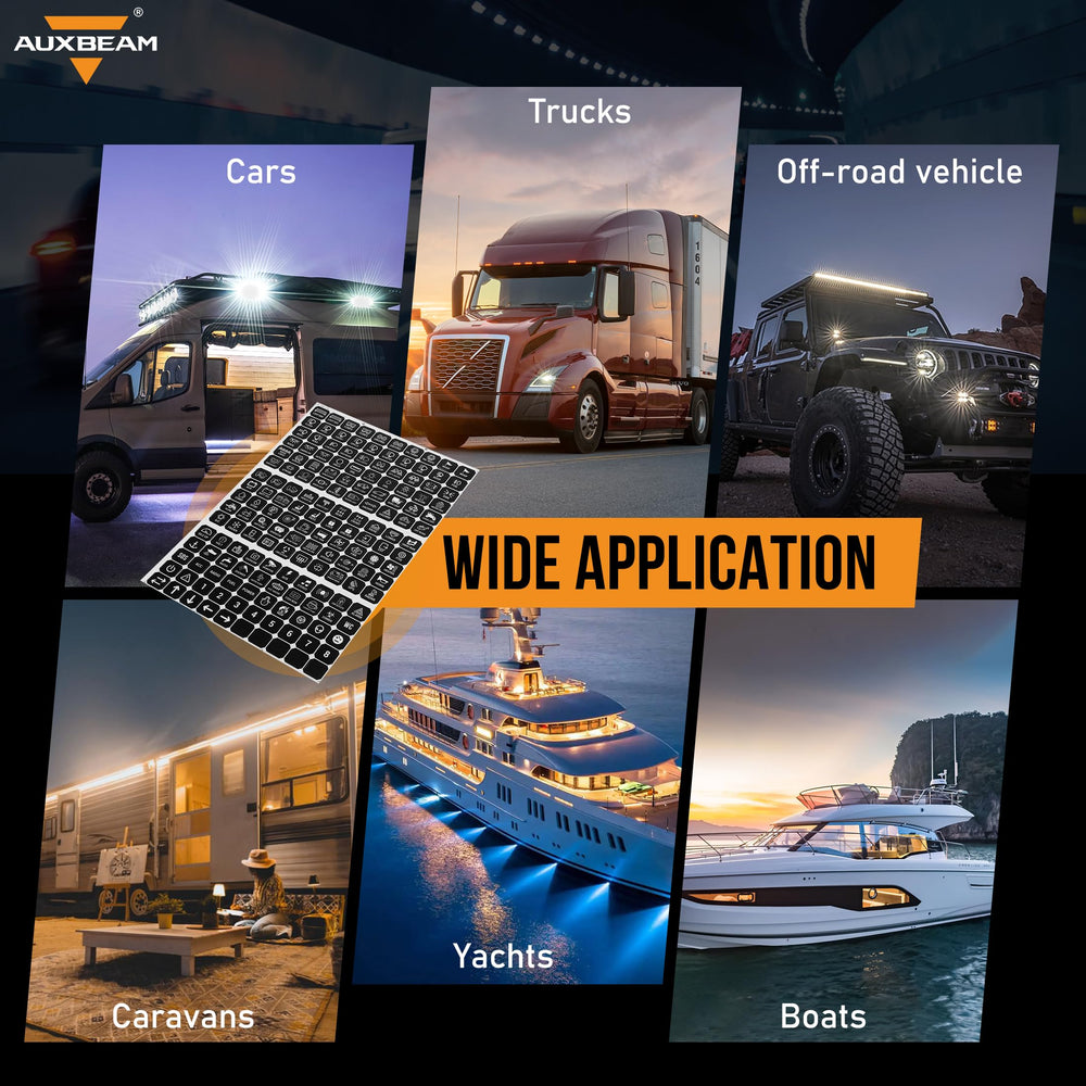 Auxbeam winch and strobe labels aiding fast function recognition off-road.