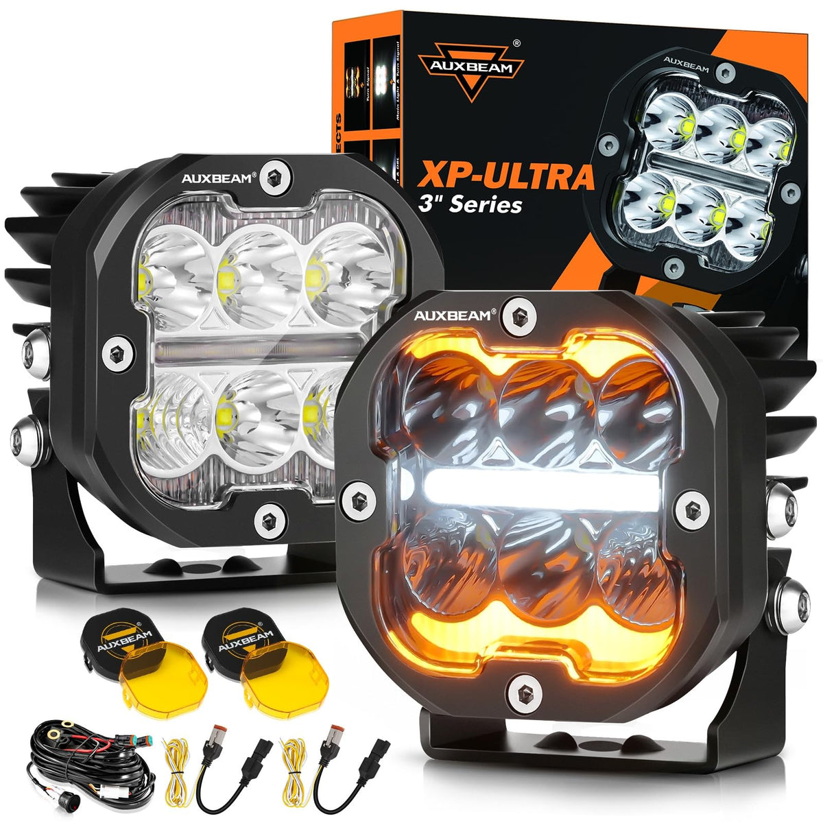 Auxbeam XP-Ultra 3-Inch pod with amber DRL and turn signals for daytime visibility.