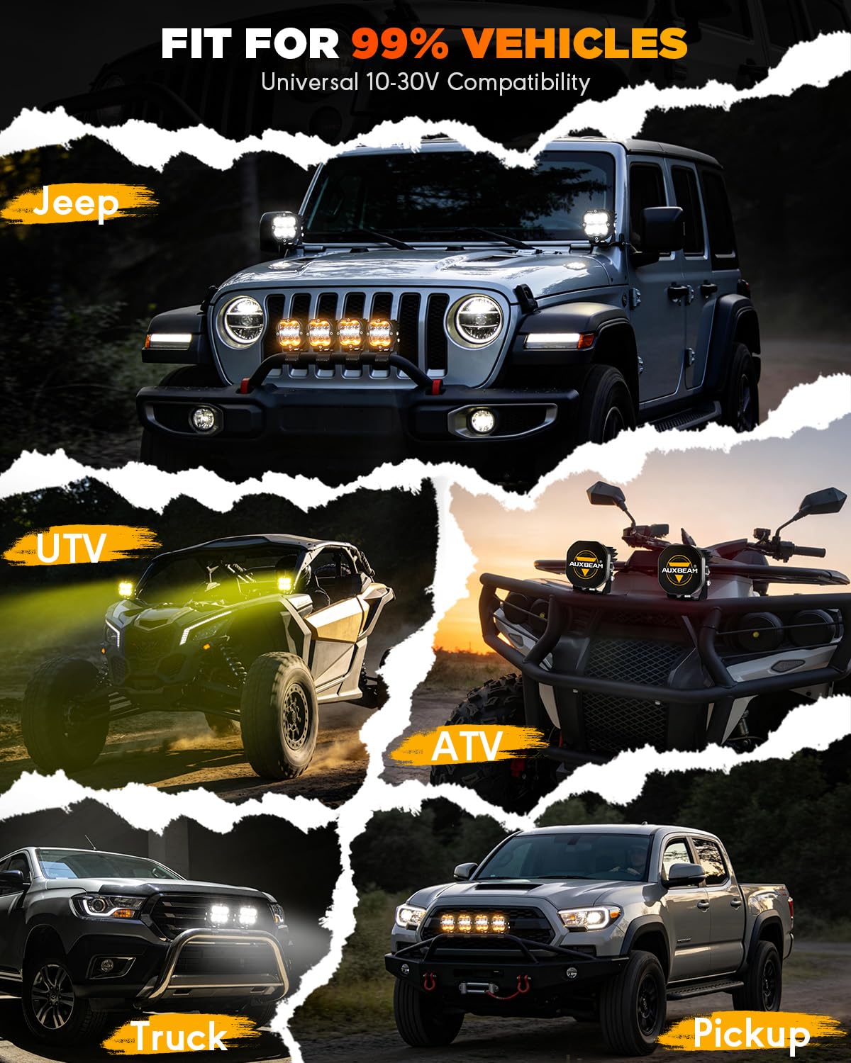 Auxbeam XP-Ultra includes covers, harness, and installation kit for versatile setup.