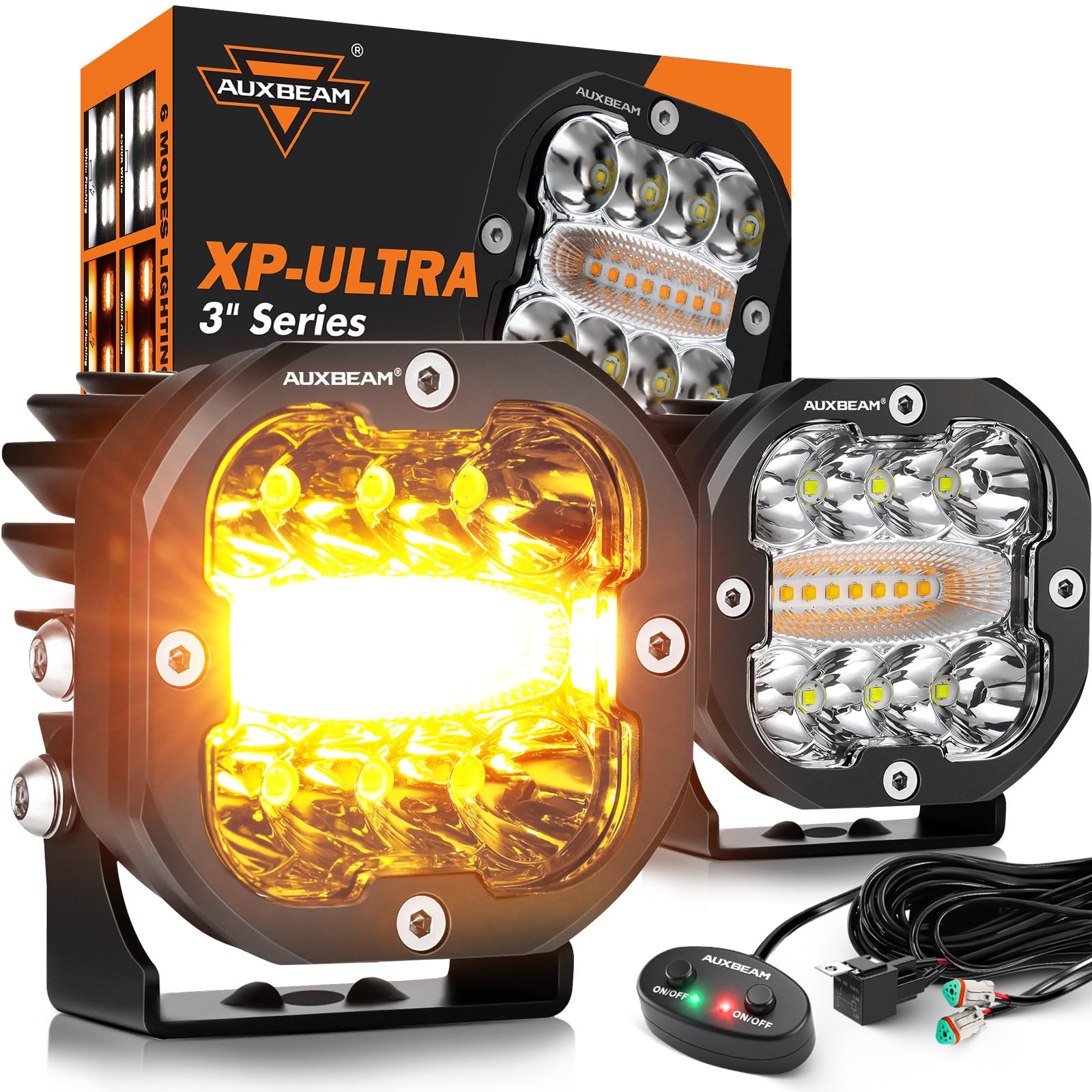 Auxbeam XP-Ultra 3in amber-white LED pod front view showing dual color off-road lighting
