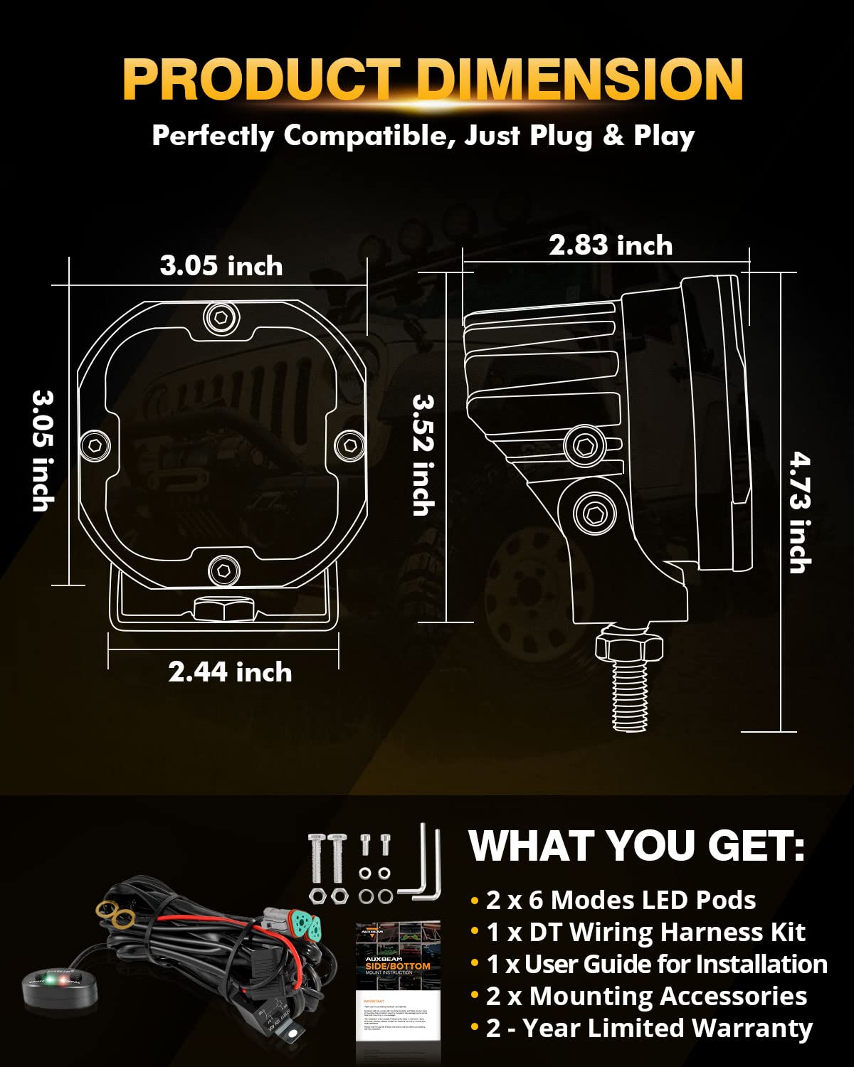 Auxbeam XP-Ultra 3in amber-white LED pod side view highlighting rugged housing