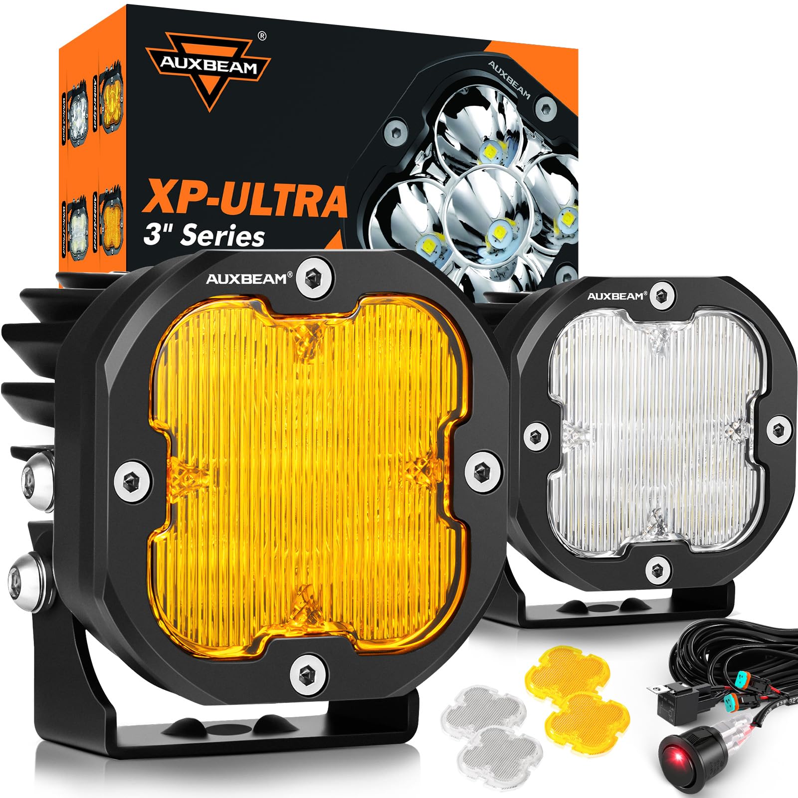 Auxbeam XP Ultra 3in amber flood pod showing wide beam for off-road visibility