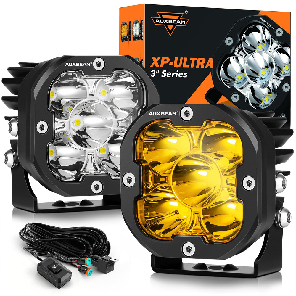 Auxbeam XP-Ultra 3in LED pod, front view shows bright spot beam for off-road visibility.