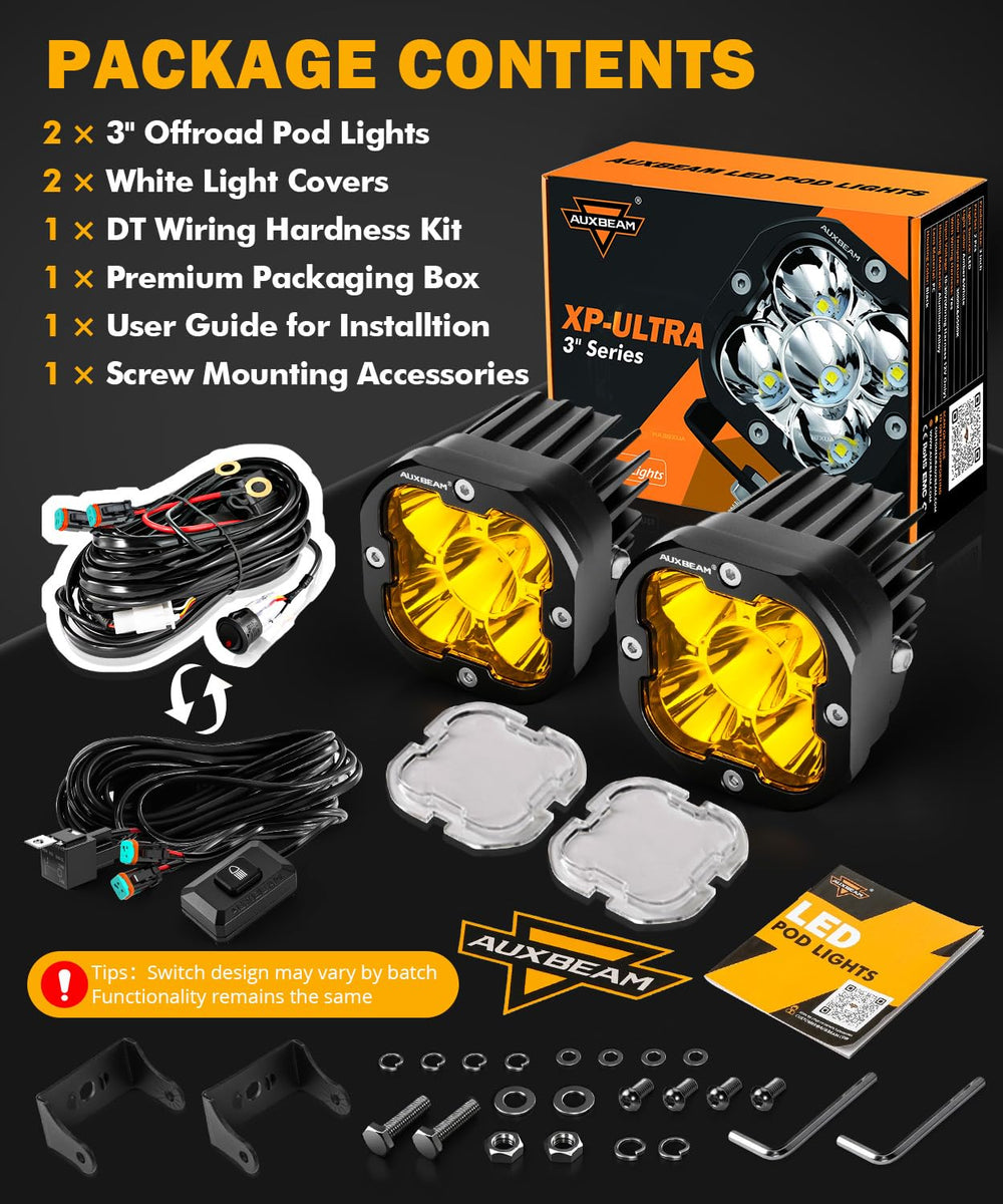 Auxbeam XP-Ultra 3in LED pod packaging with included wiring harness kit.
