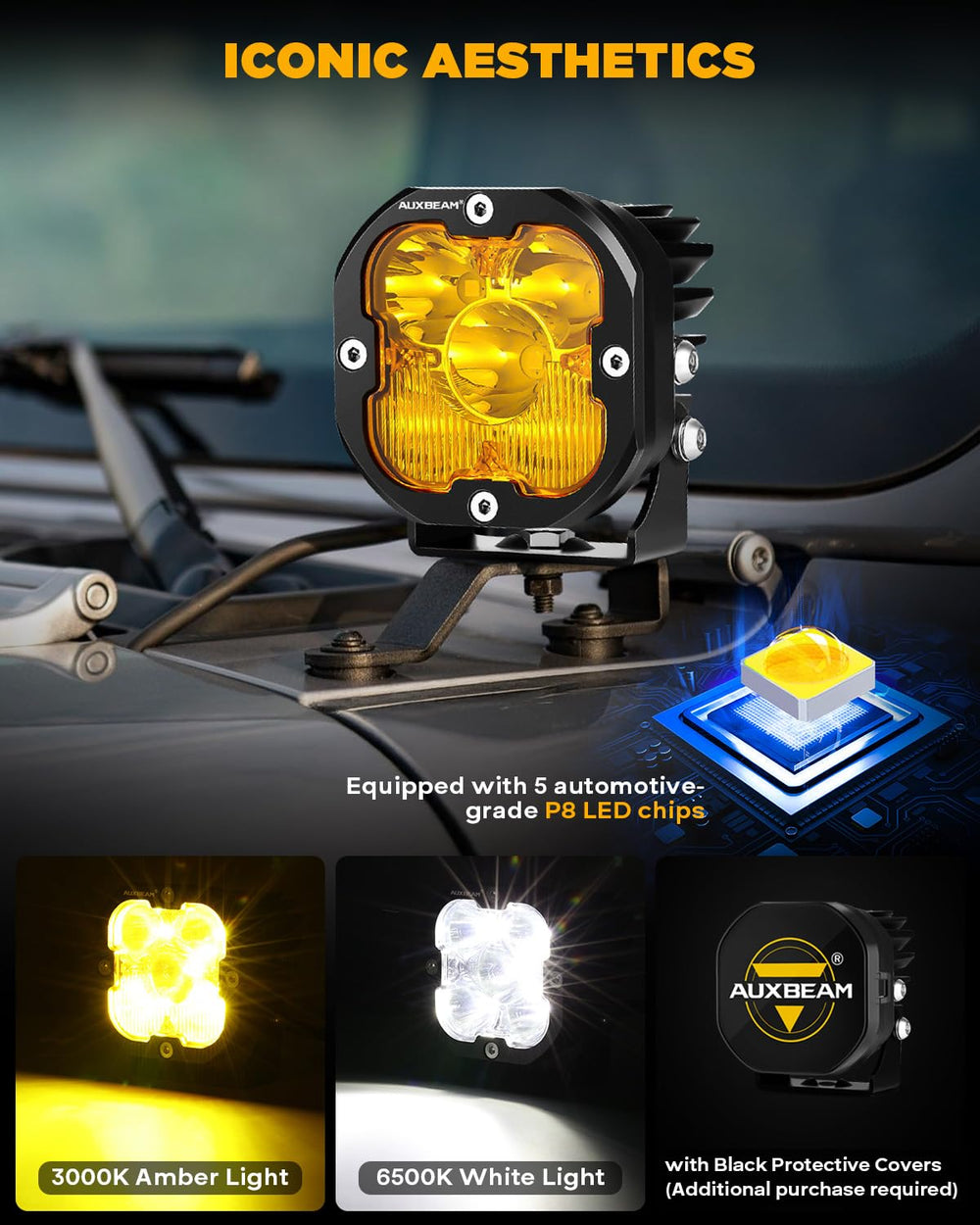 Auxbeam XP-Ultra amber beam contrast in low visibility conditions