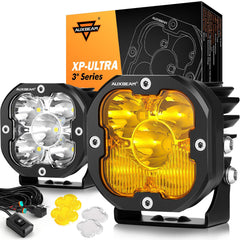 Auxbeam XP-Ultra 3in pods front view with bright white spot beam for clarity