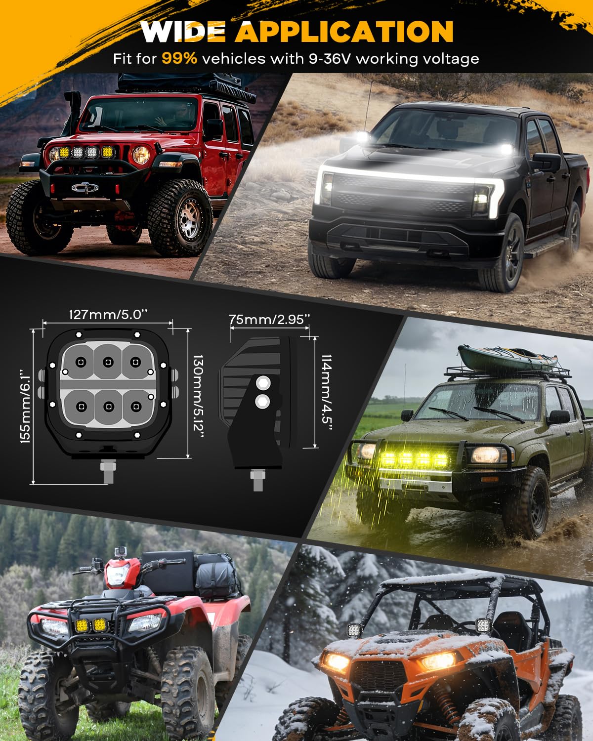 Auxbeam XP-Ultra 5-inch cube off-road light package includes wiring harness