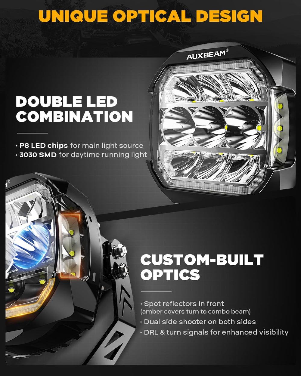 Auxbeam XP-Ultra 5-inch side shooter LED enhances peripheral lighting for off-road safety.