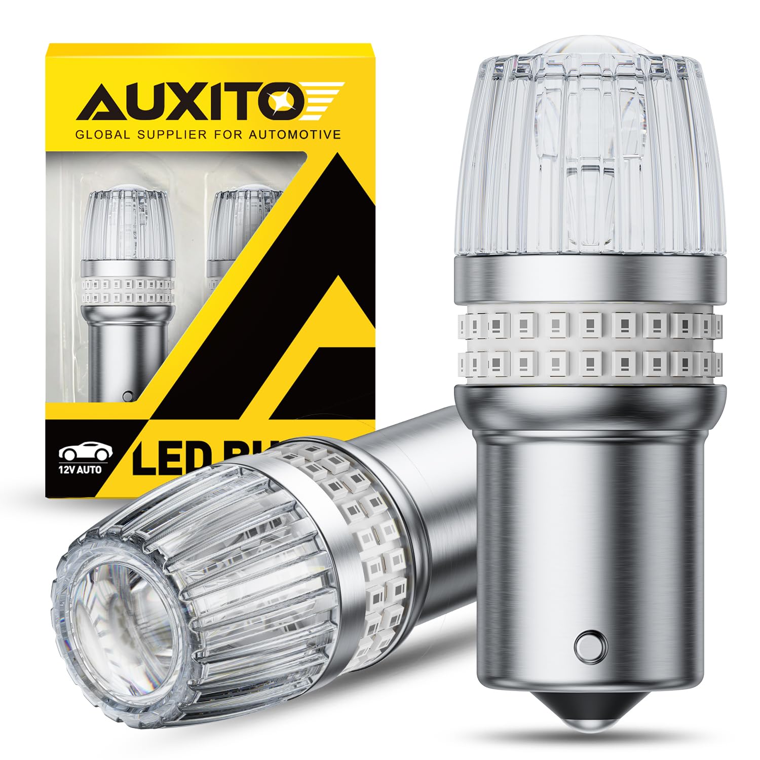 Auxito 1156 LED red brake light with projector for clearer night signaling.