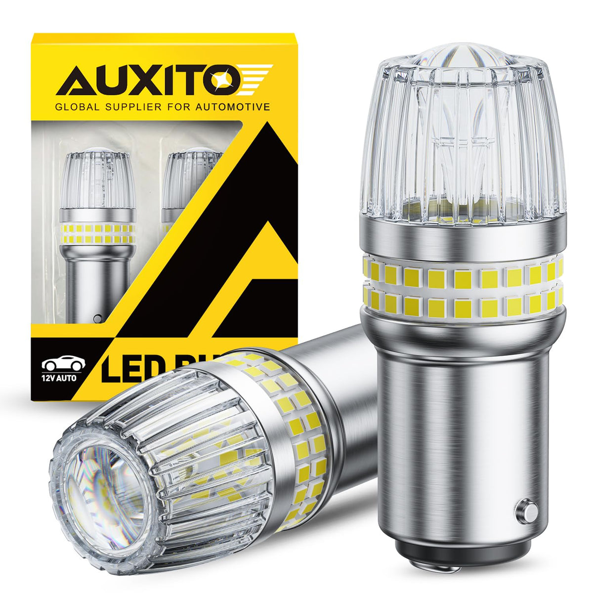 AUXITO 1157 LED bulb with projector lens improves backup light visibility at night
