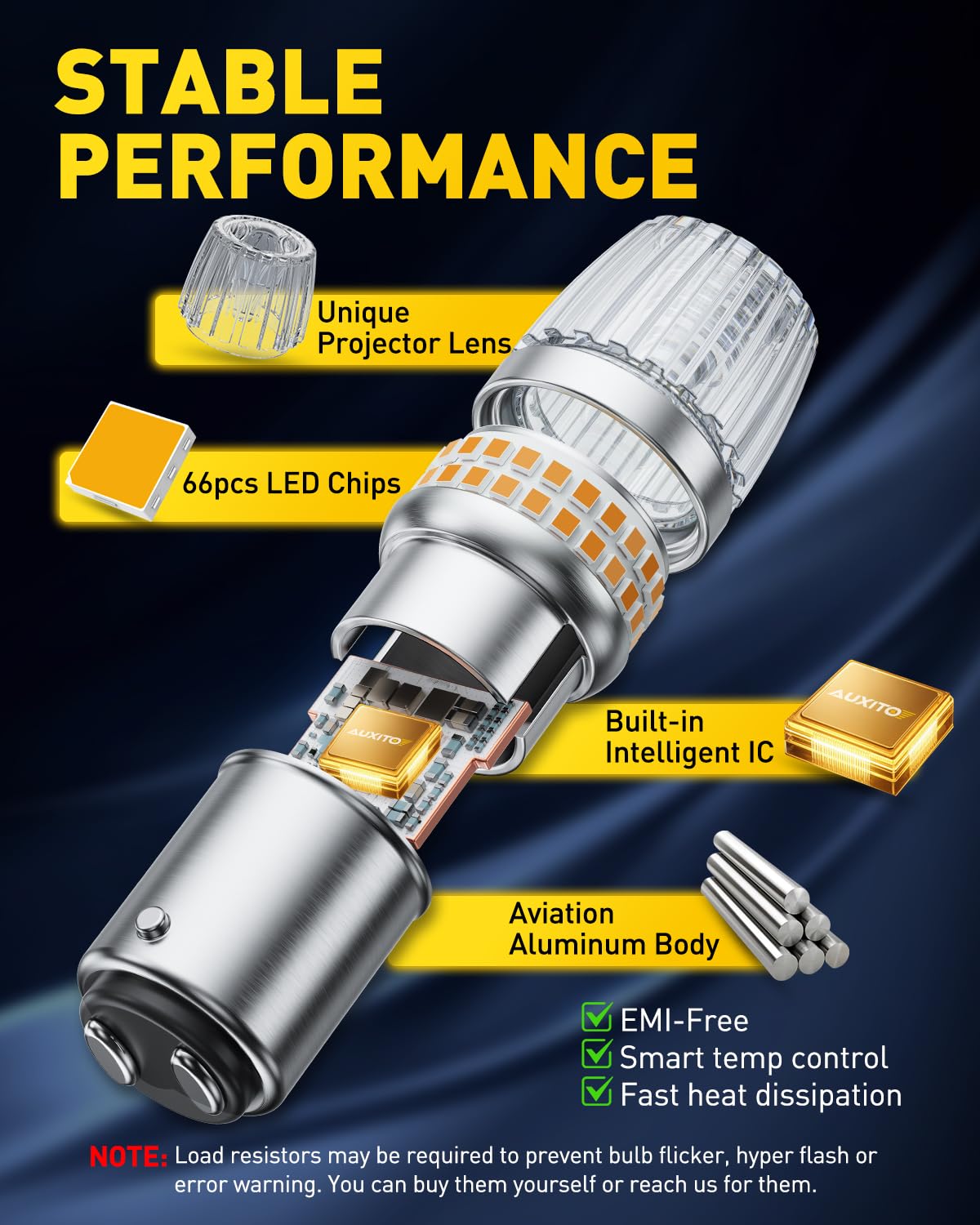 AUXITO 1157 LED amber turn signal with 360-degree illumination detail