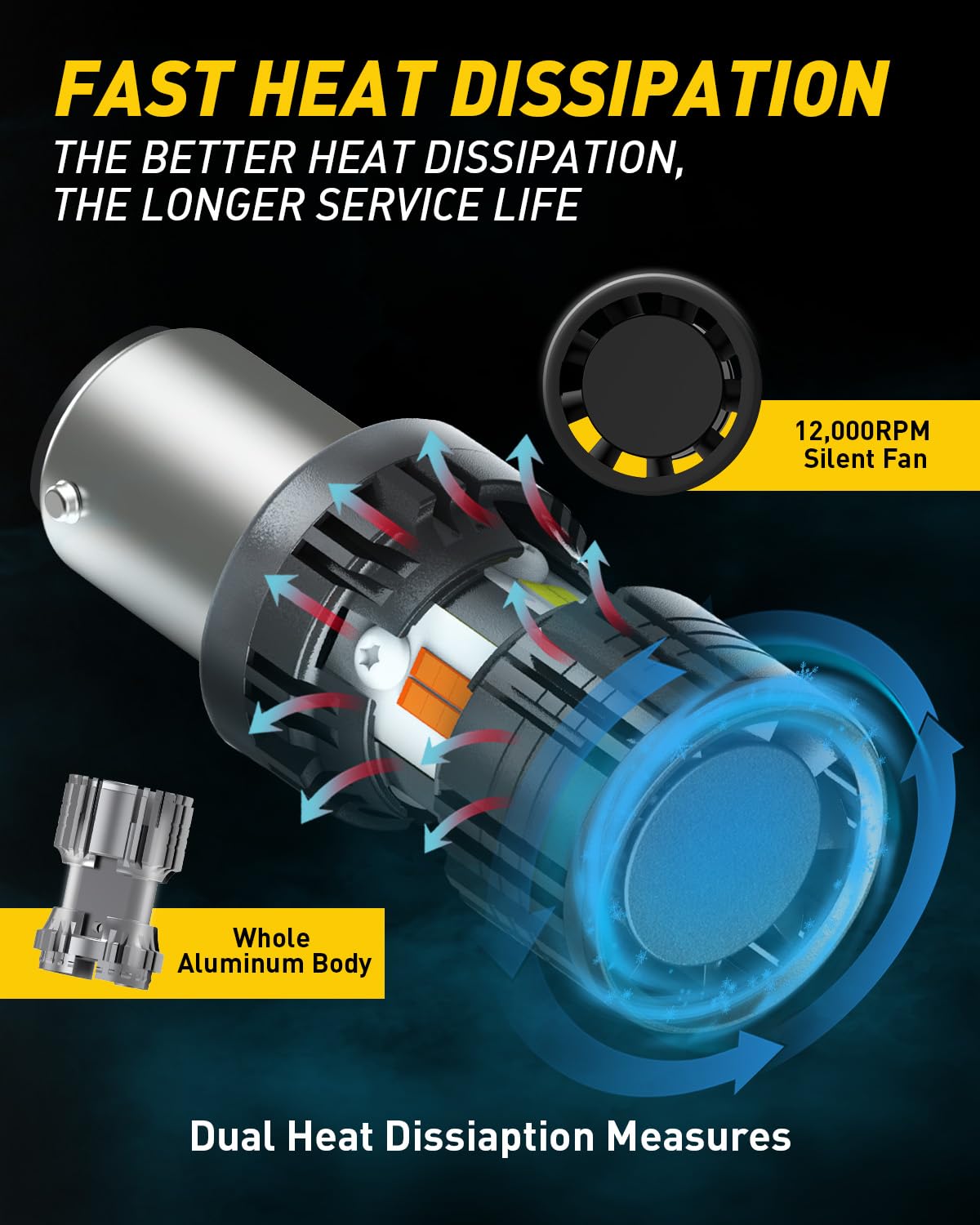 Auxito 1157 switchback bulbs aluminum body detail conveys durable construction